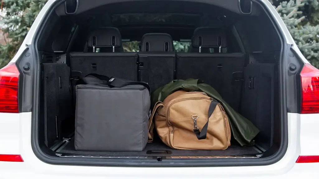 Travel bag packed in back of vehicle along with suitcases